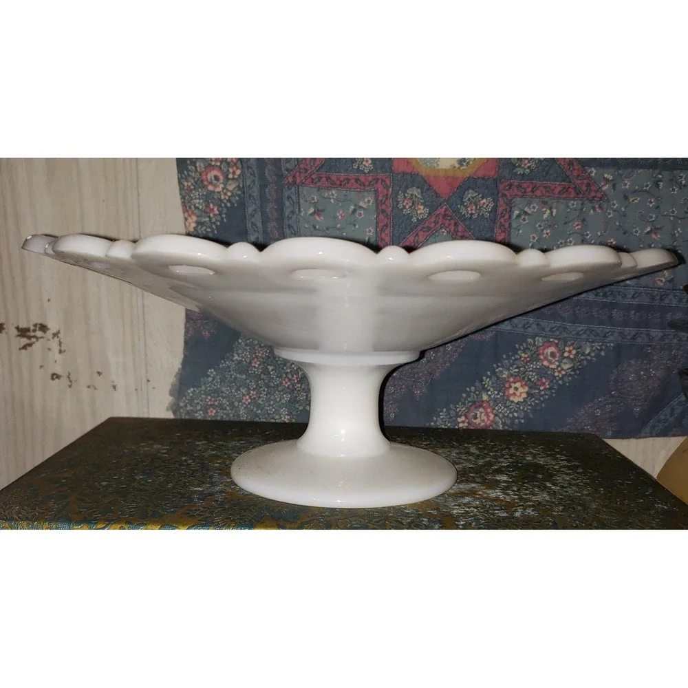 Vintage Milk Glass Pedestal Lace Edge Open Work Compote White Bowl